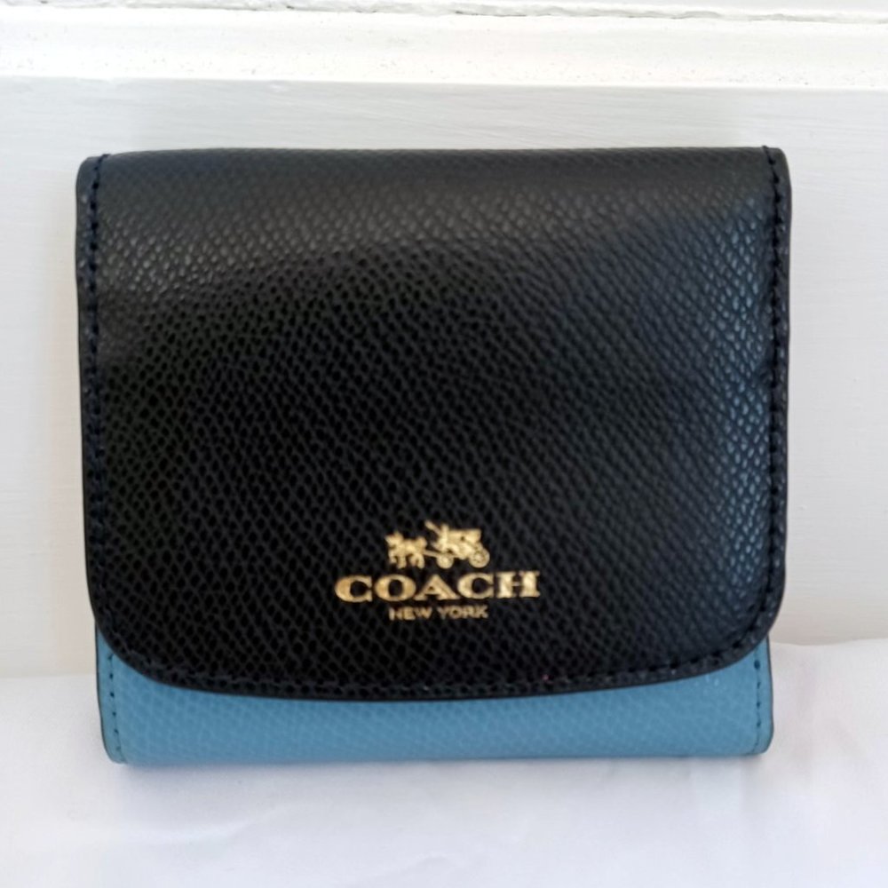 Coach Trifold Colorblock Wallet, Blue and Beige, Like New